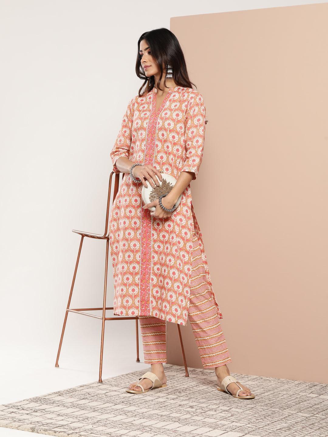 Tan Printed Cotton Straight Kurta - ShopLibas 