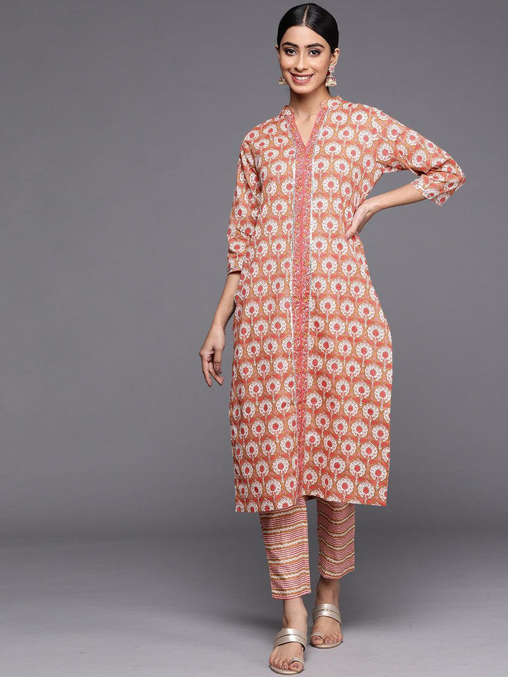 Tan Printed Cotton Straight Kurta Set With Trousers