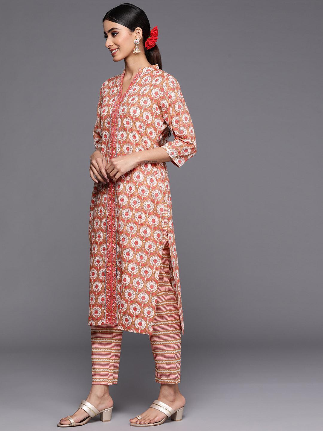 Tan Printed Cotton Straight Kurta Set With Trousers - ShopLibas 