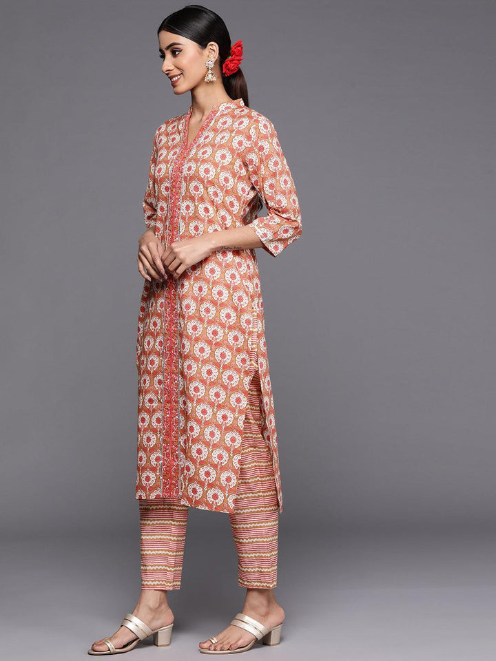 Tan Printed Cotton Straight Kurta Set With Trousers