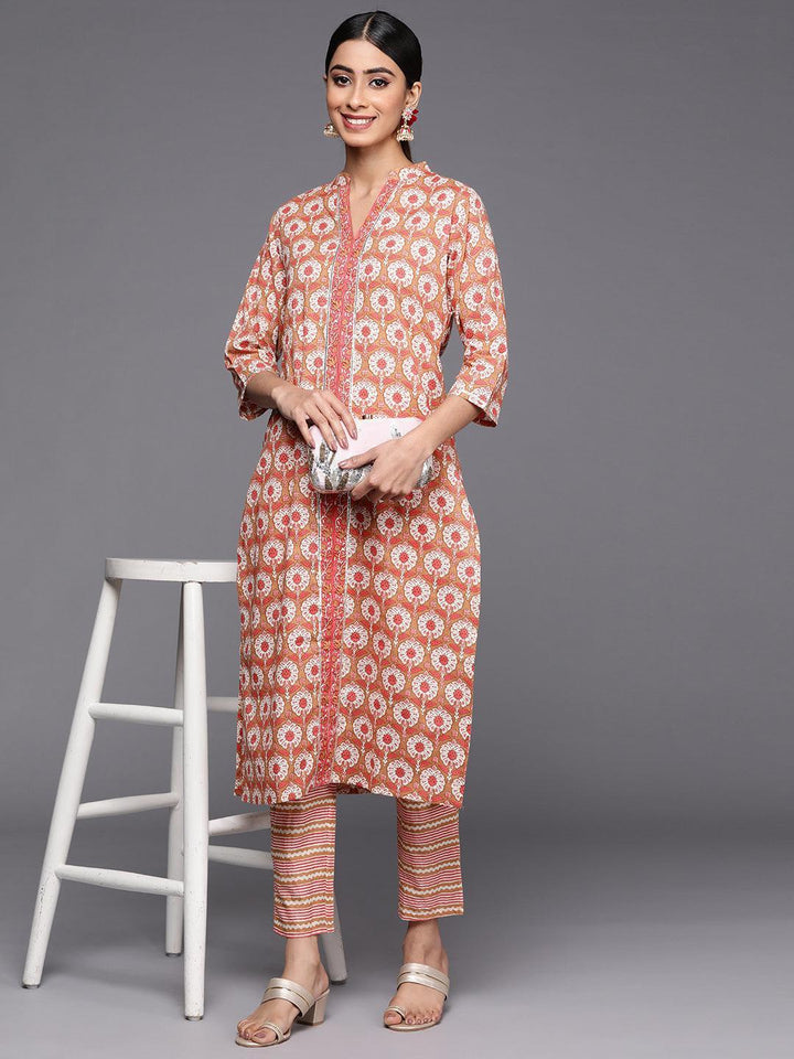 Tan Printed Cotton Straight Kurta Set With Trousers
