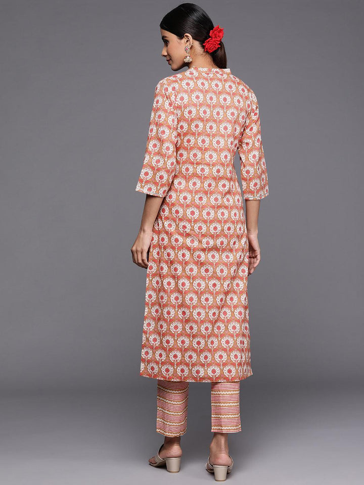 Tan Printed Cotton Straight Kurta Set With Trousers