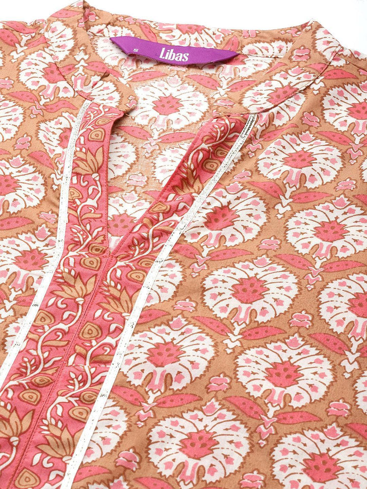 Tan Printed Cotton Straight Kurta Set With Trousers