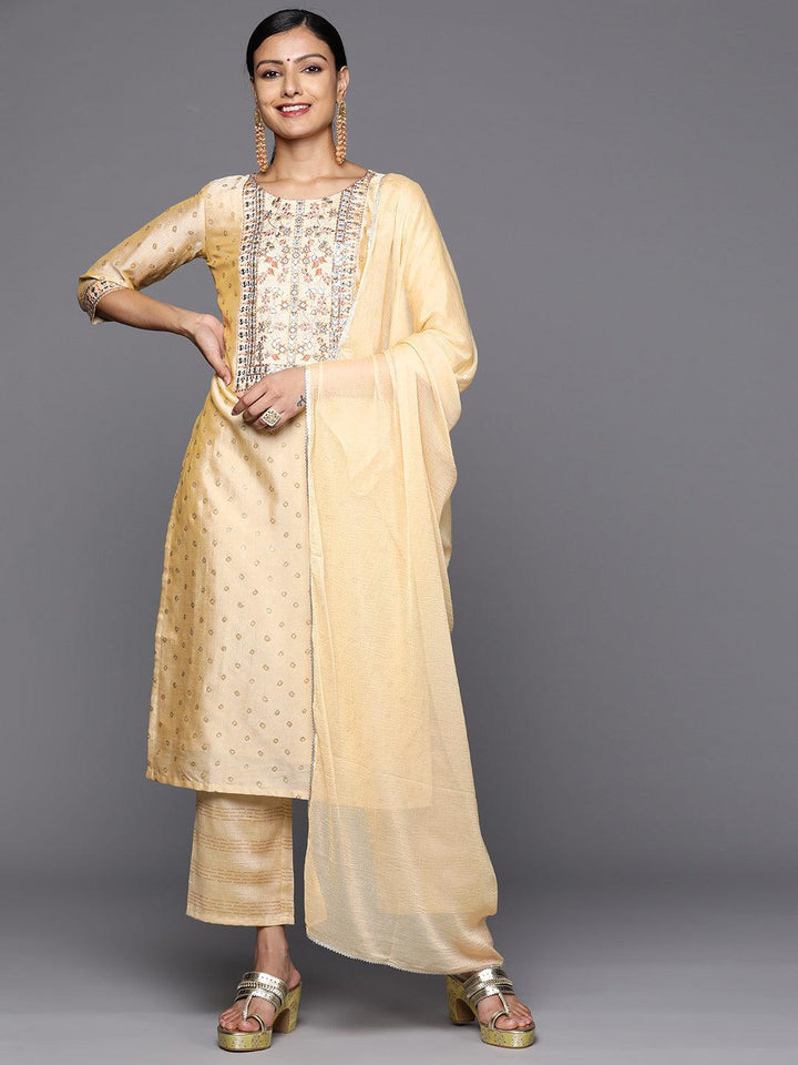 Tan Printed Silk Blend Straight Kurta With Trousers & Dupatta