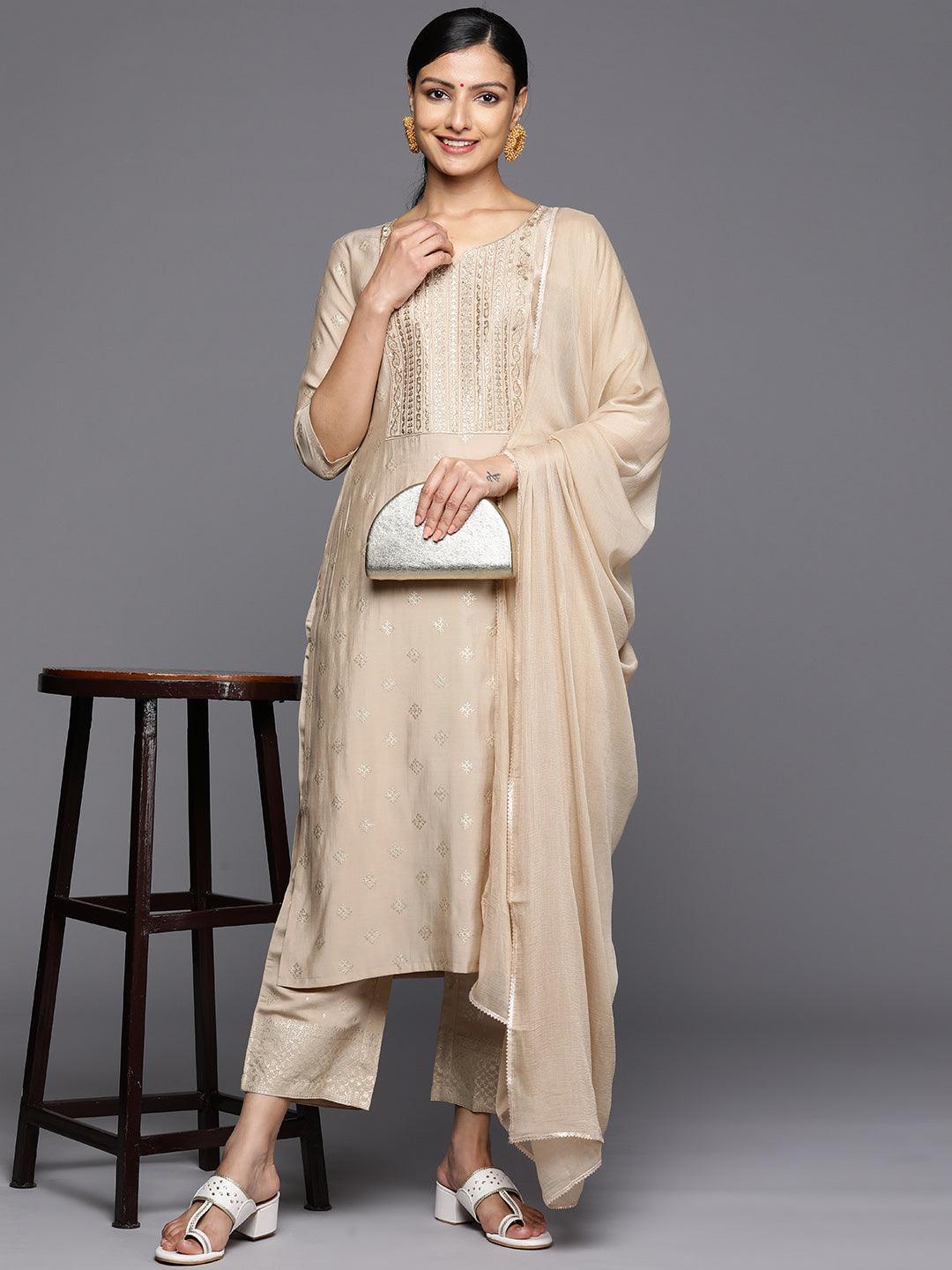 Tan Printed Silk Blend Straight Kurta With Trousers & Dupatta - Libas 