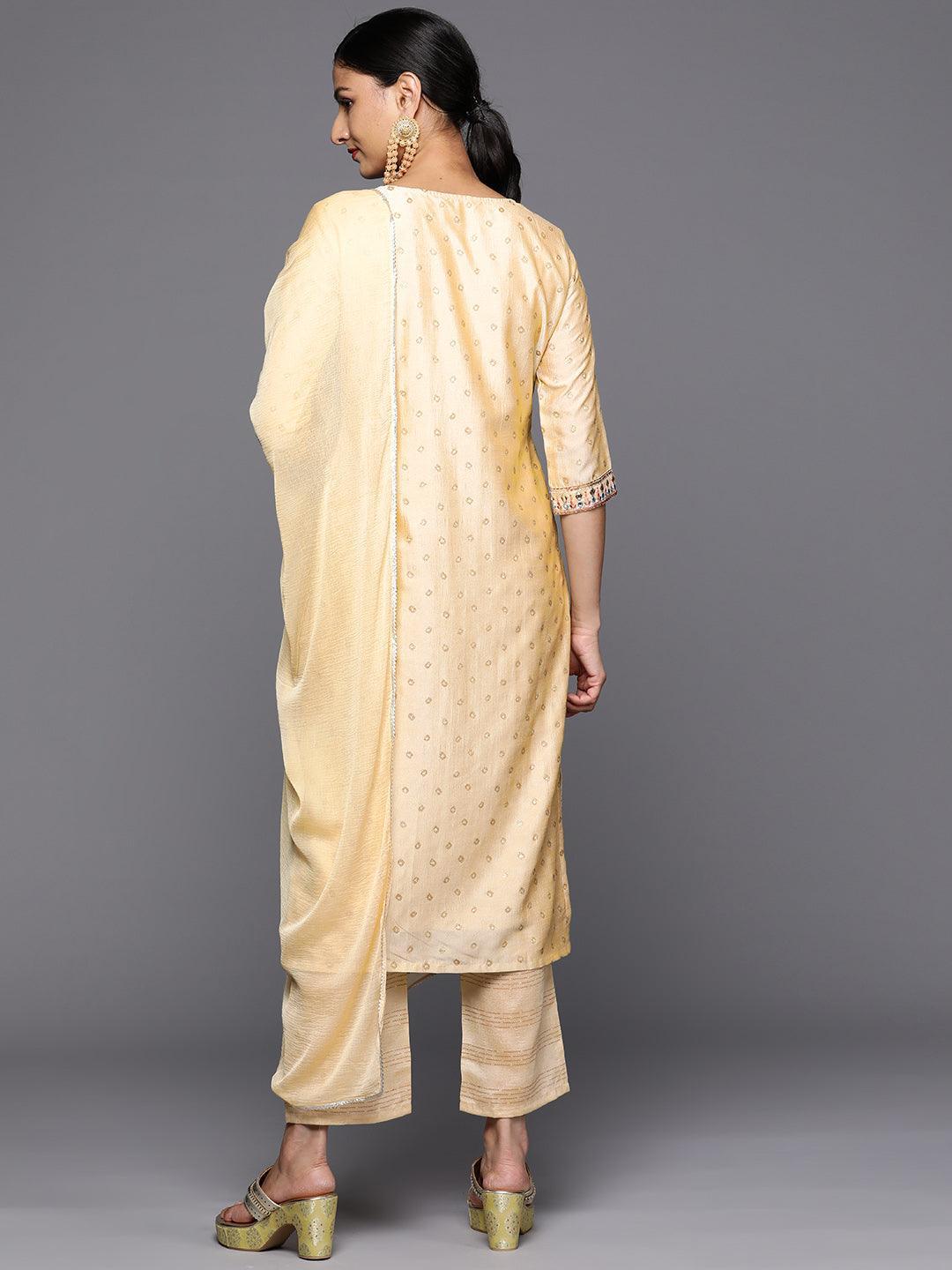 Tan Printed Silk Blend Straight Kurta With Trousers & Dupatta - Libas 