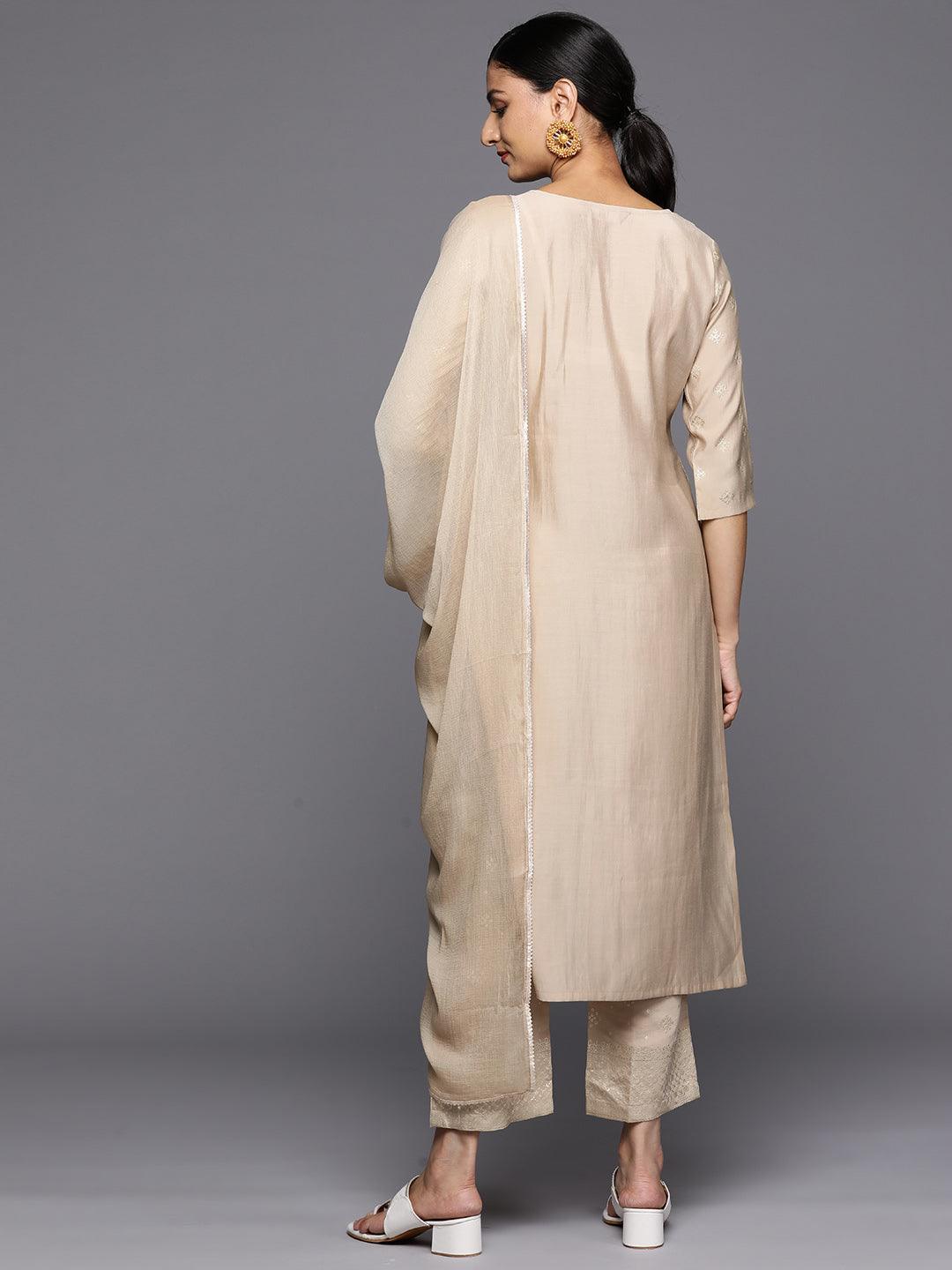 Tan Printed Silk Blend Straight Kurta With Trousers & Dupatta - Libas 
