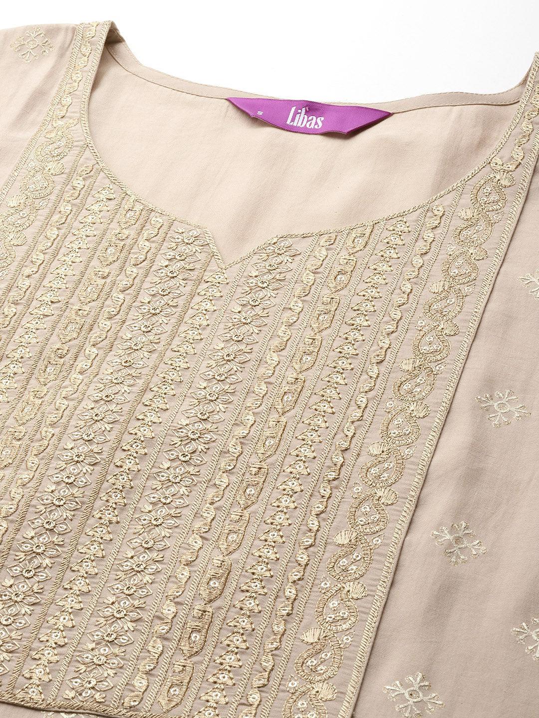 Tan Printed Silk Blend Straight Kurta With Trousers & Dupatta - Libas 
