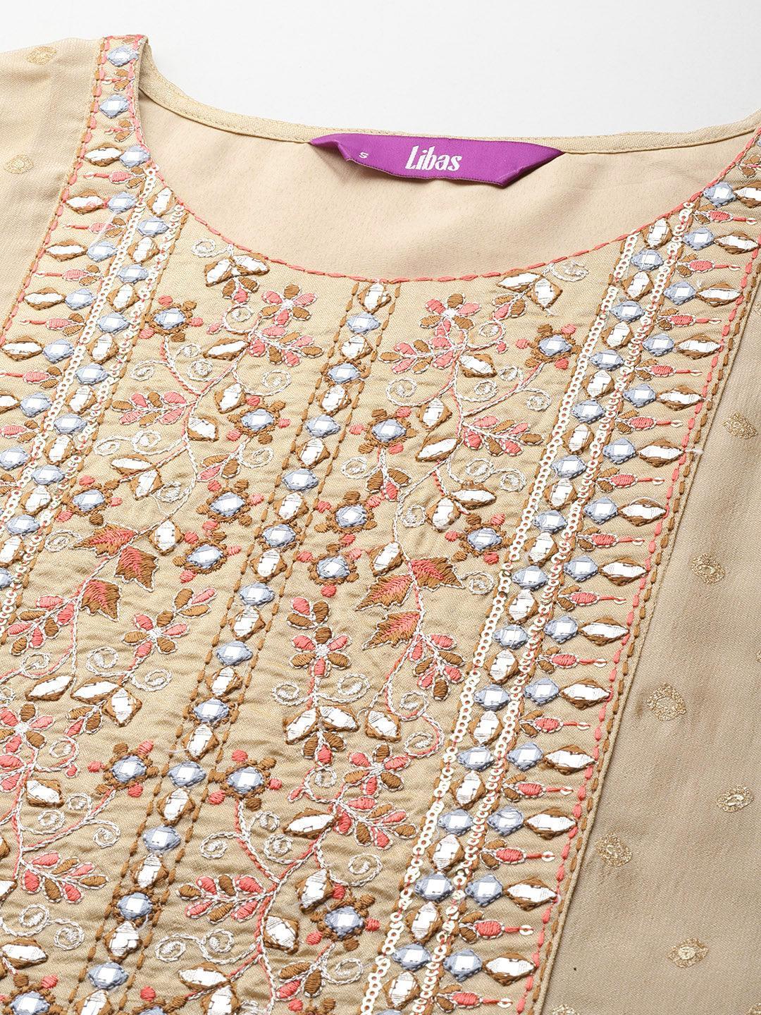 Tan Printed Silk Blend Straight Kurta With Trousers & Dupatta - Libas 