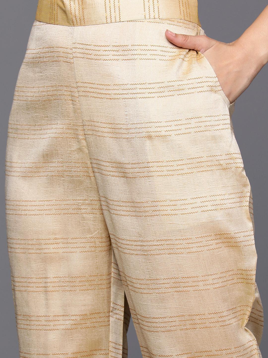Tan Printed Silk Blend Straight Kurta With Trousers & Dupatta - Libas 