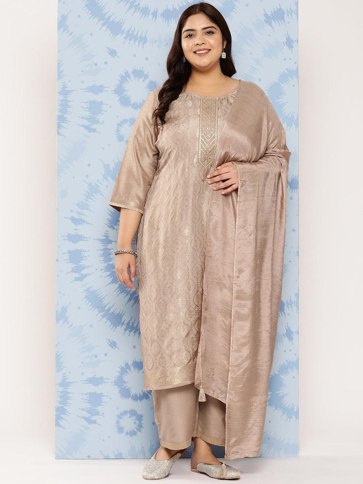 Taupe Embroidered Silk Blend Straight Kurta With Trousers and Dupatta