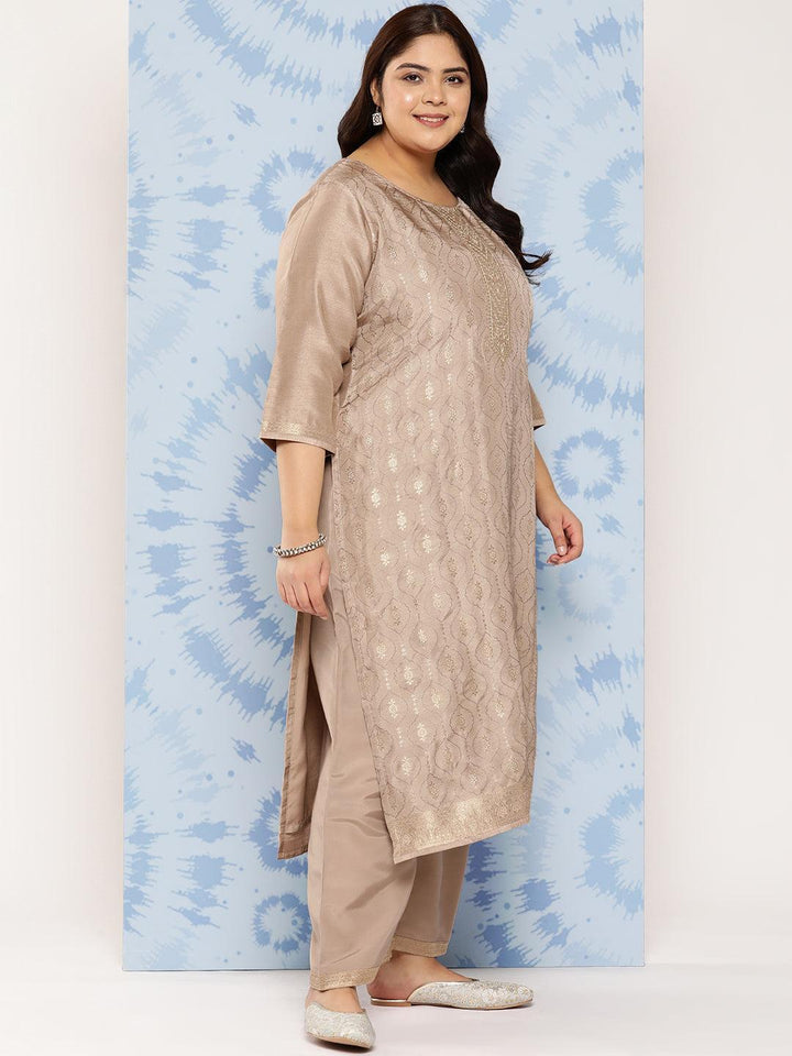 Taupe Embroidered Silk Blend Straight Kurta With Trousers and Dupatta