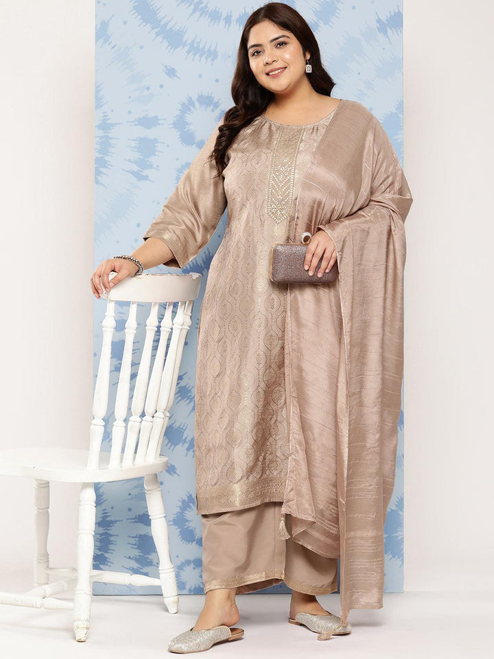 Taupe Embroidered Silk Blend Straight Kurta With Trousers and Dupatta