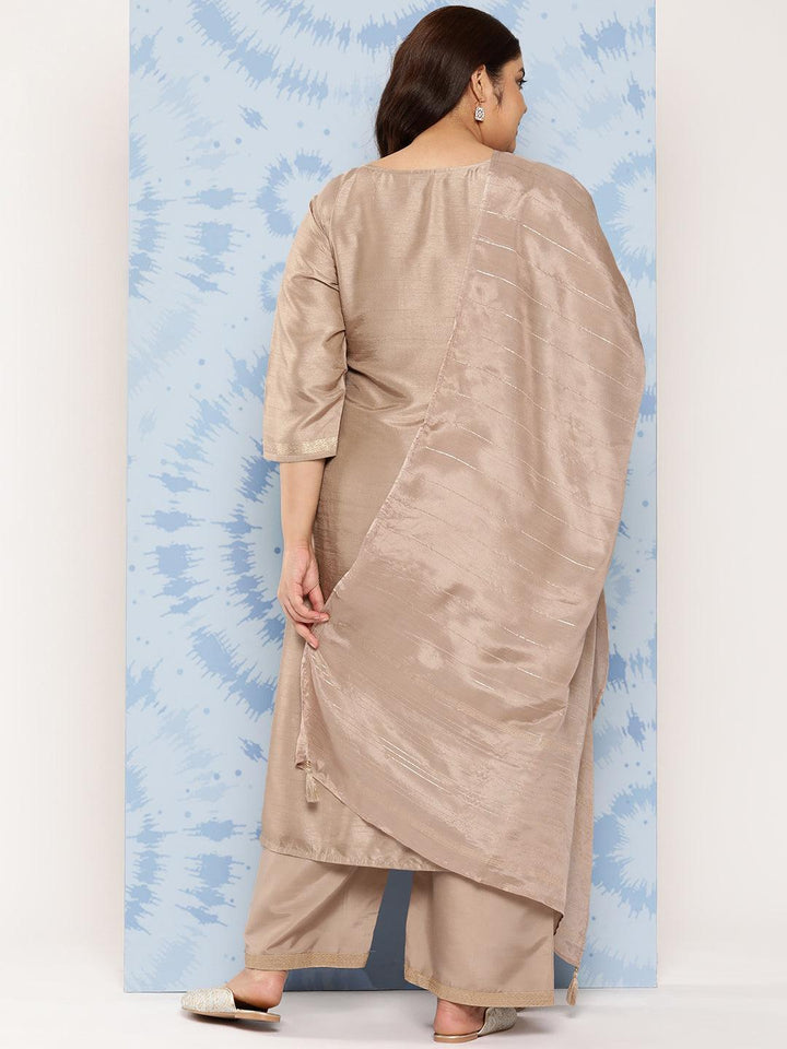 Taupe Embroidered Silk Blend Straight Kurta With Trousers and Dupatta