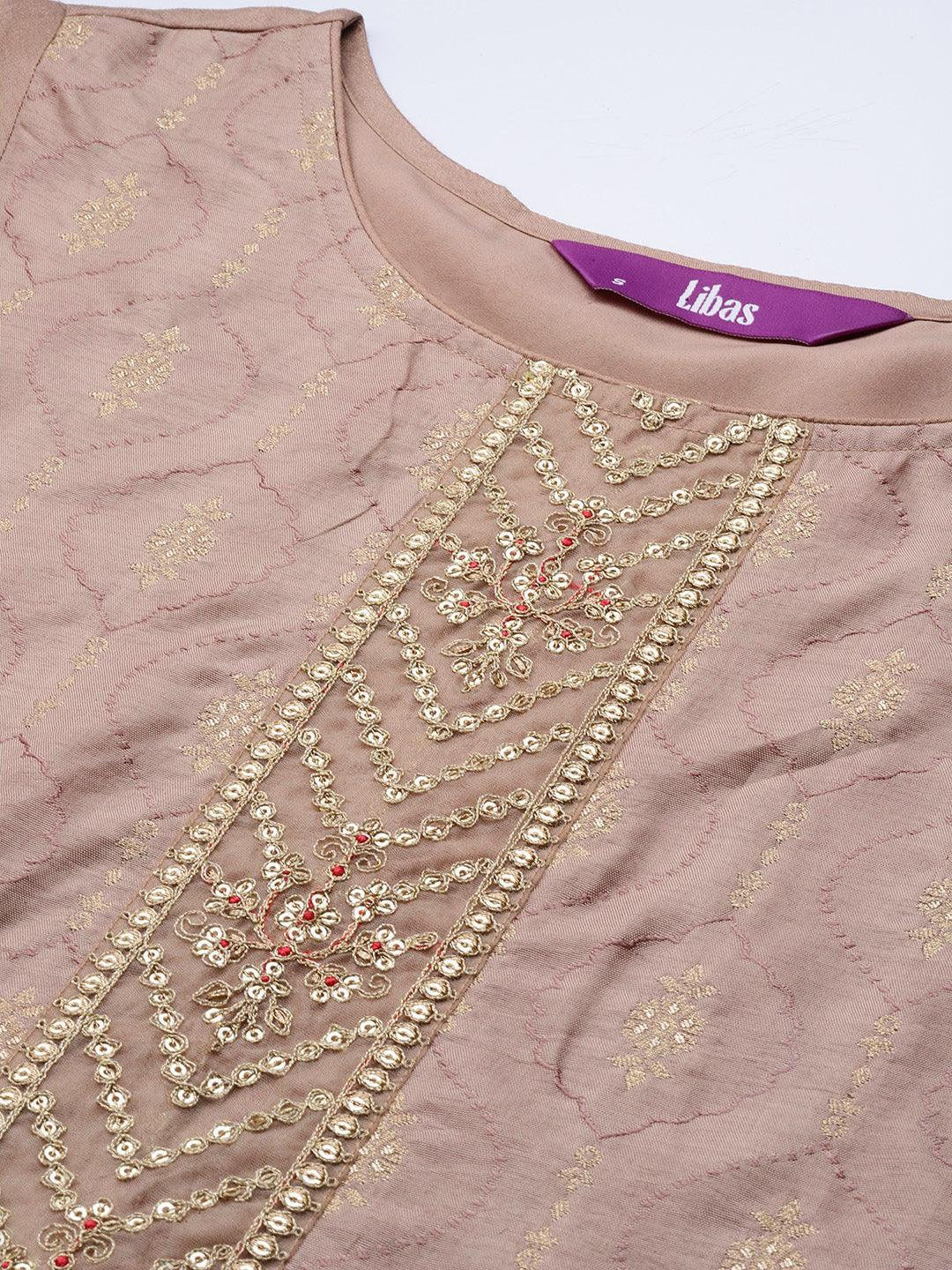 Taupe Embroidered Silk Blend Suit Set With Trousers - ShopLibas 