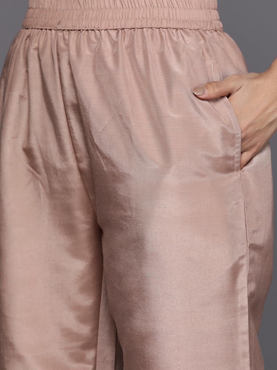 Taupe Embroidered Silk Blend Suit Set With Trousers - ShopLibas 
