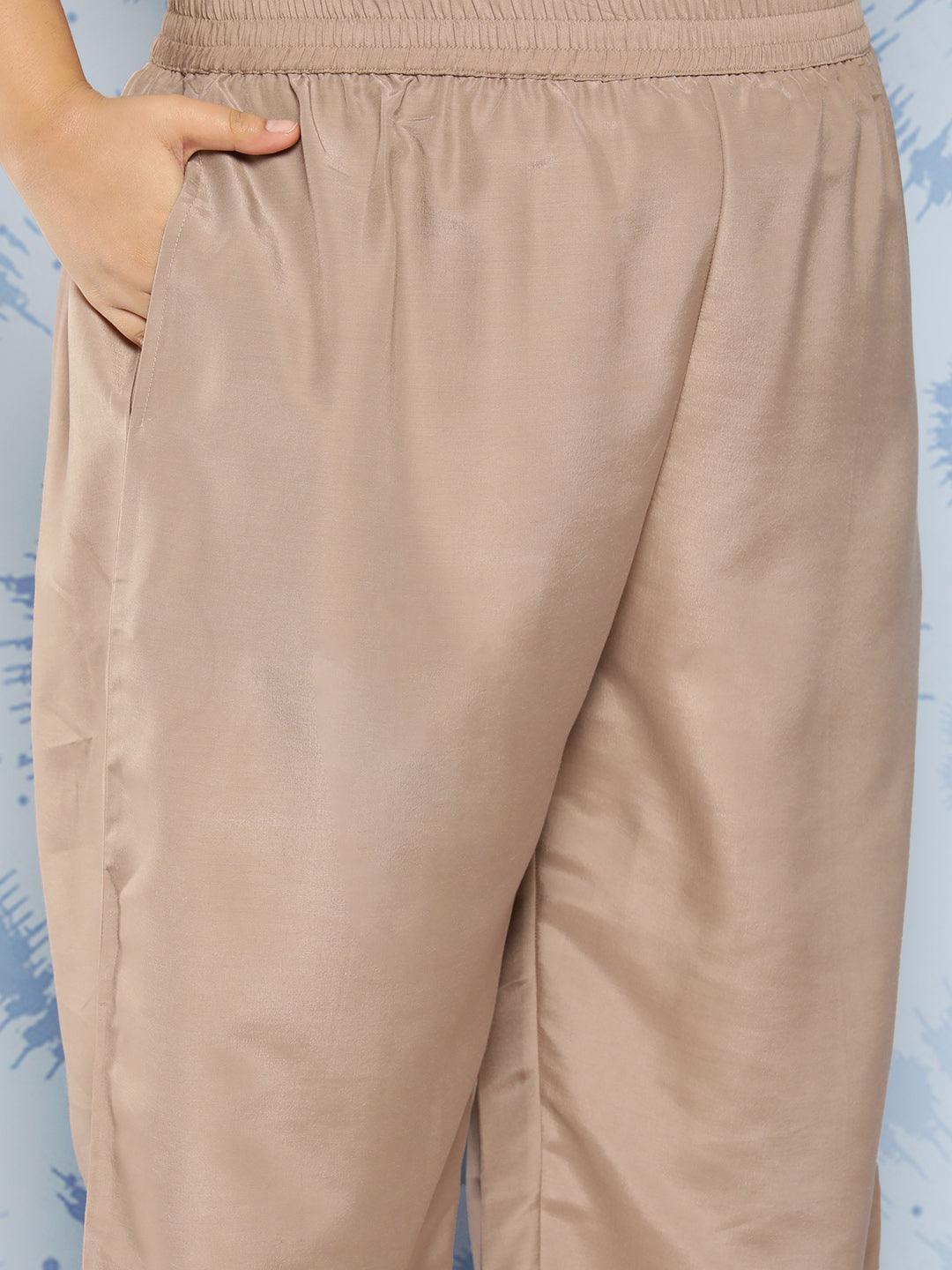 Taupe Embroidered Silk Blend Straight Kurta With Trousers and Dupatta - Libas 