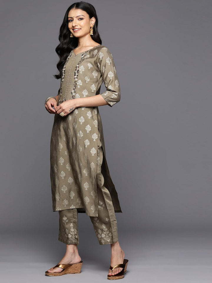 Taupe Printed Silk Blend Straight Kurta With Trousers & Dupatta