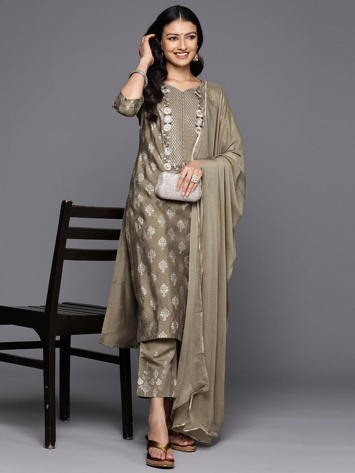 Taupe Printed Silk Blend Straight Kurta With Trousers & Dupatta