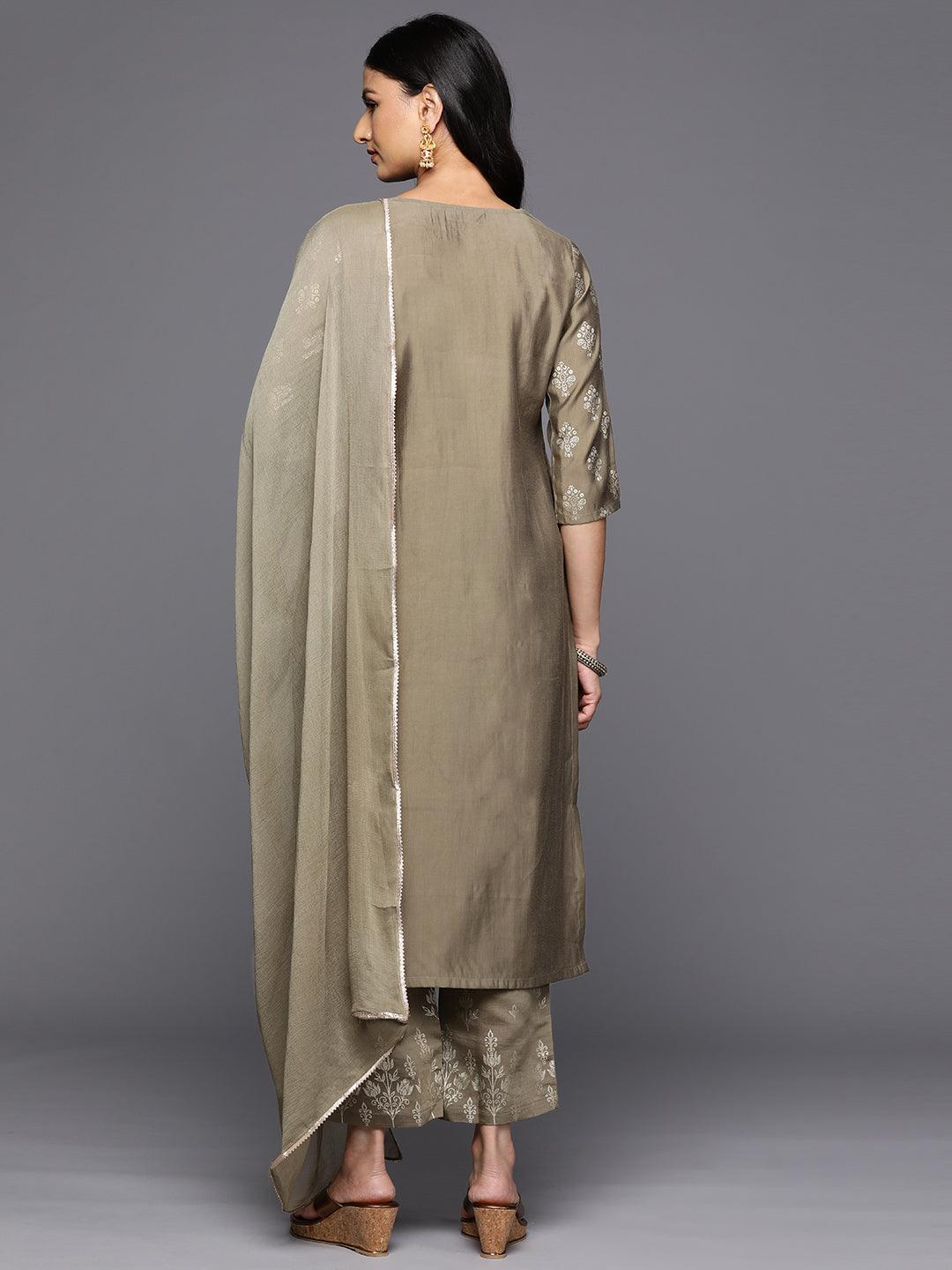 Taupe Printed Silk Blend Straight Kurta With Trousers & Dupatta - Libas 
