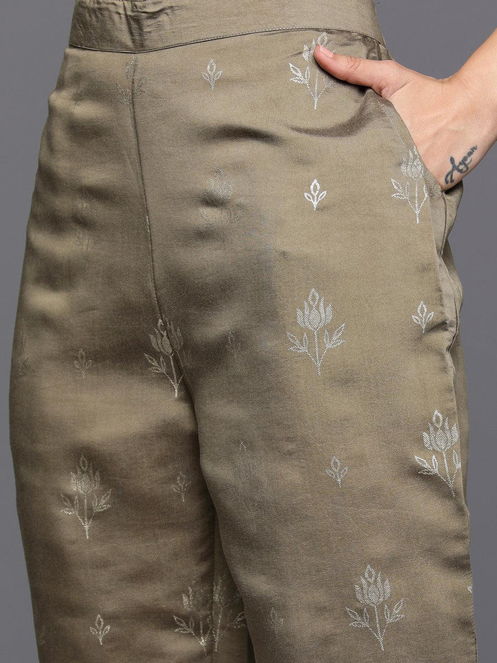 Taupe Printed Silk Blend Straight Kurta With Trousers & Dupatta