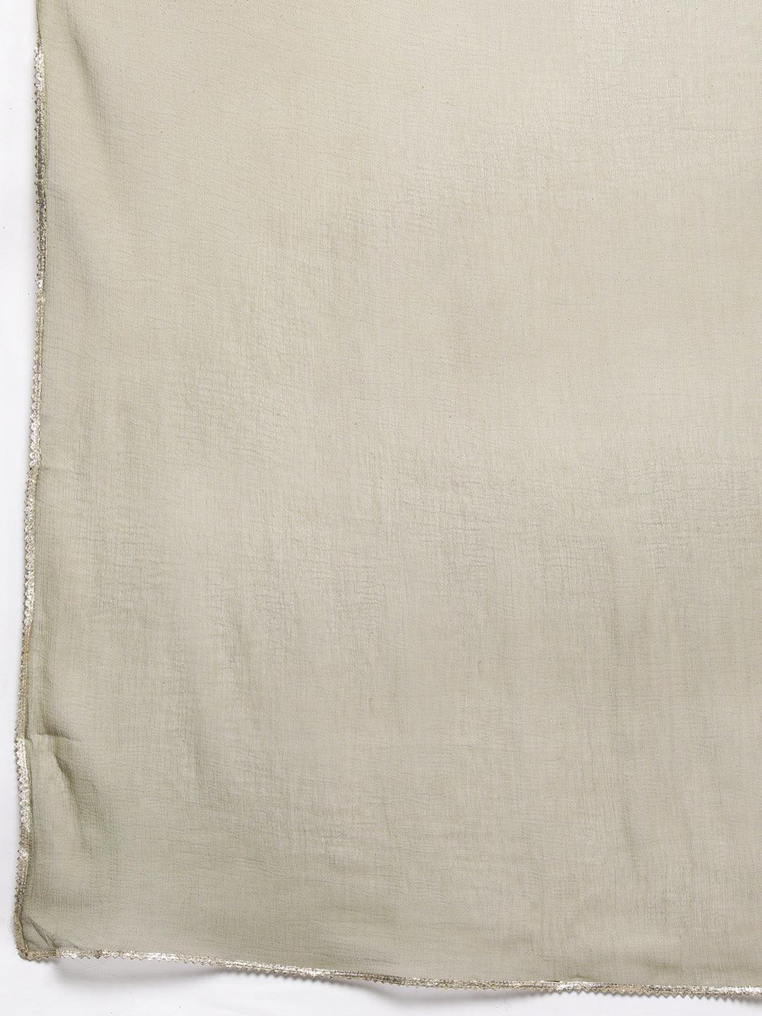 Taupe Printed Silk Blend Straight Kurta With Trousers & Dupatta - Libas 