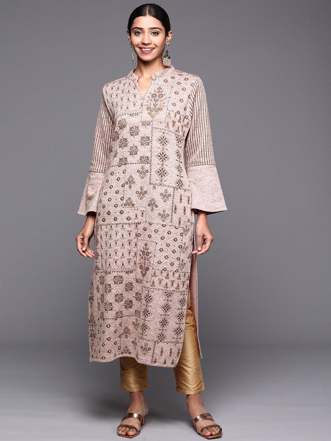 Taupe Woven Design Wool Straight Kurta - ShopLibas