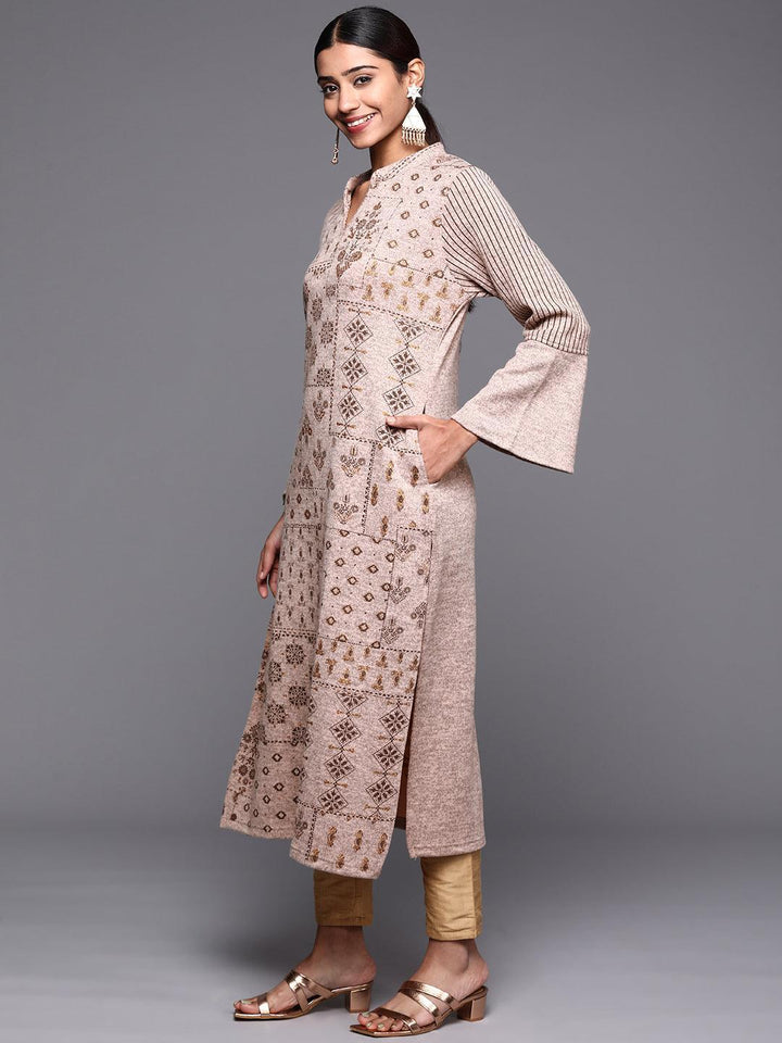 Taupe Woven Design Wool Straight Kurta - ShopLibas