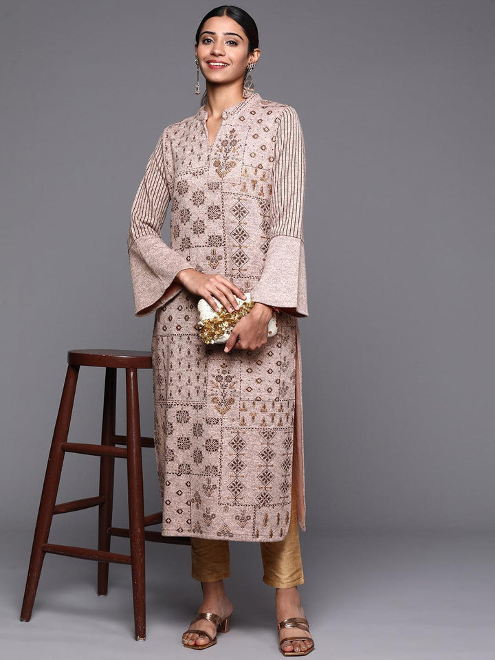 Taupe Woven Design Wool Straight Kurta - ShopLibas