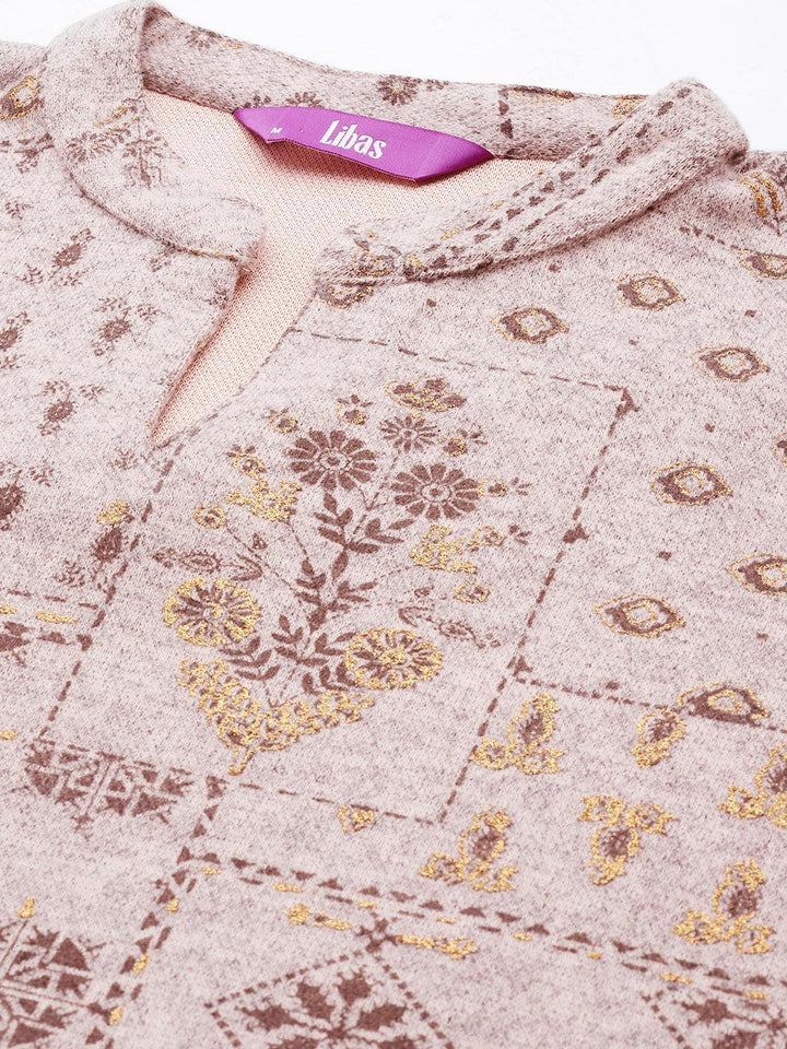 Taupe Woven Design Wool Straight Kurta - ShopLibas