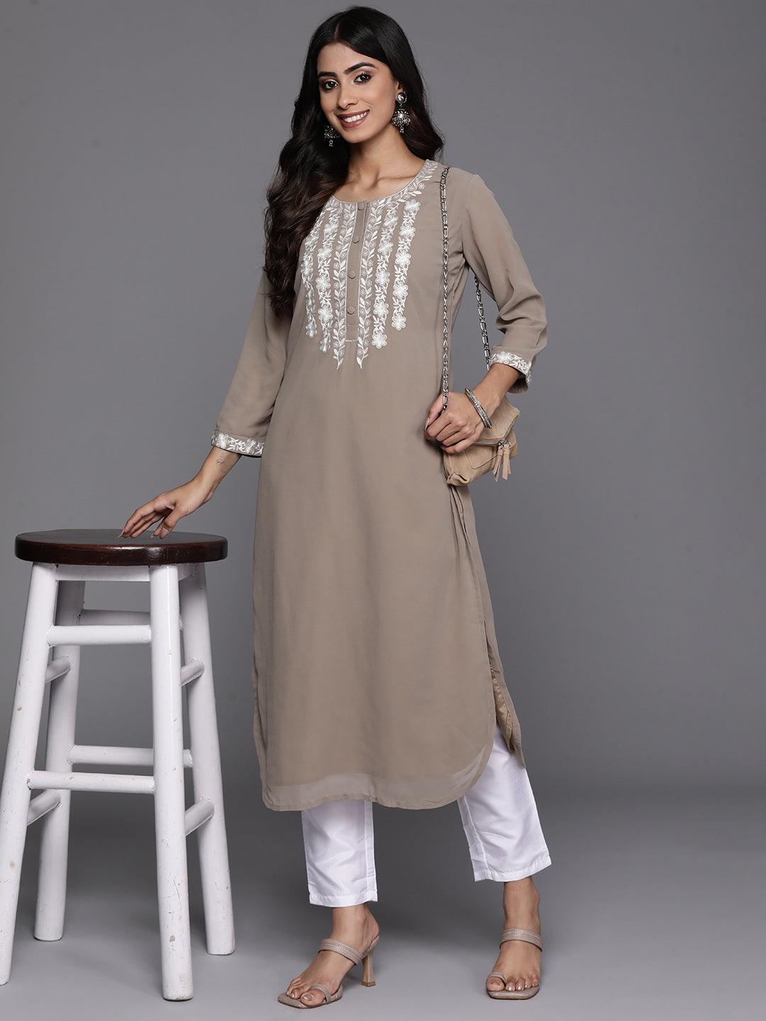 Taupe Yoke Design Georgette Pathani Kurta - Libas 