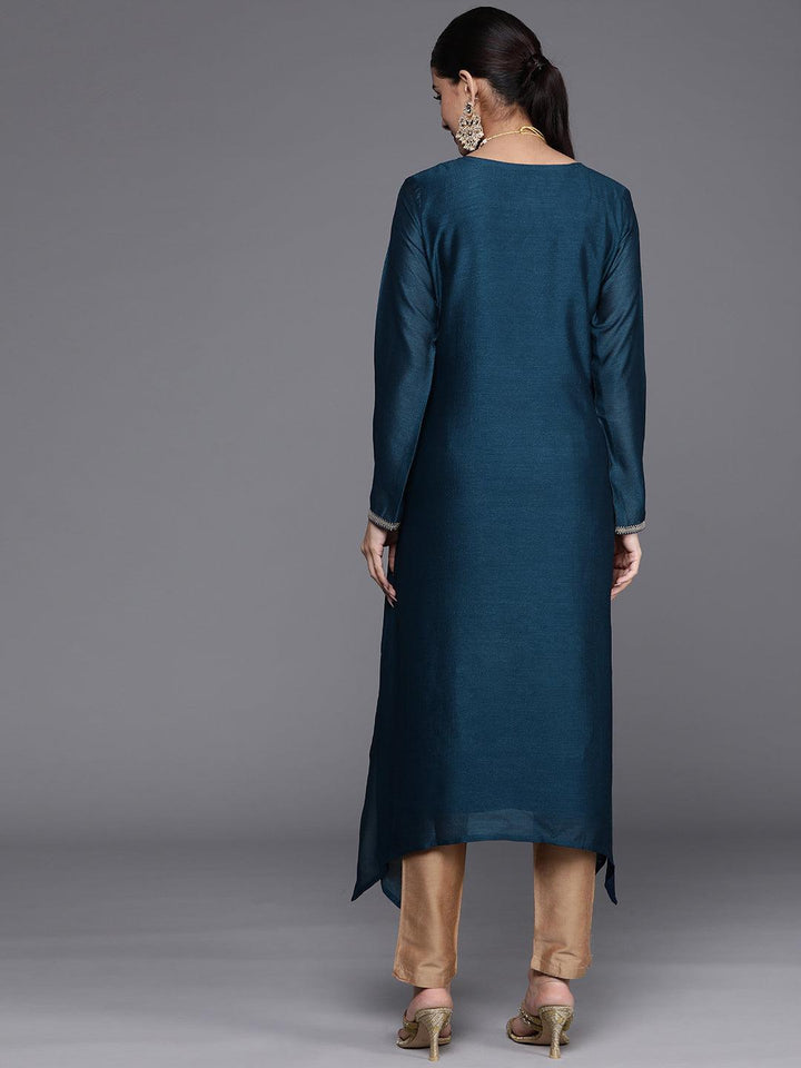 Teal Blue Yoke Design Silk Kurta - ShopLibas