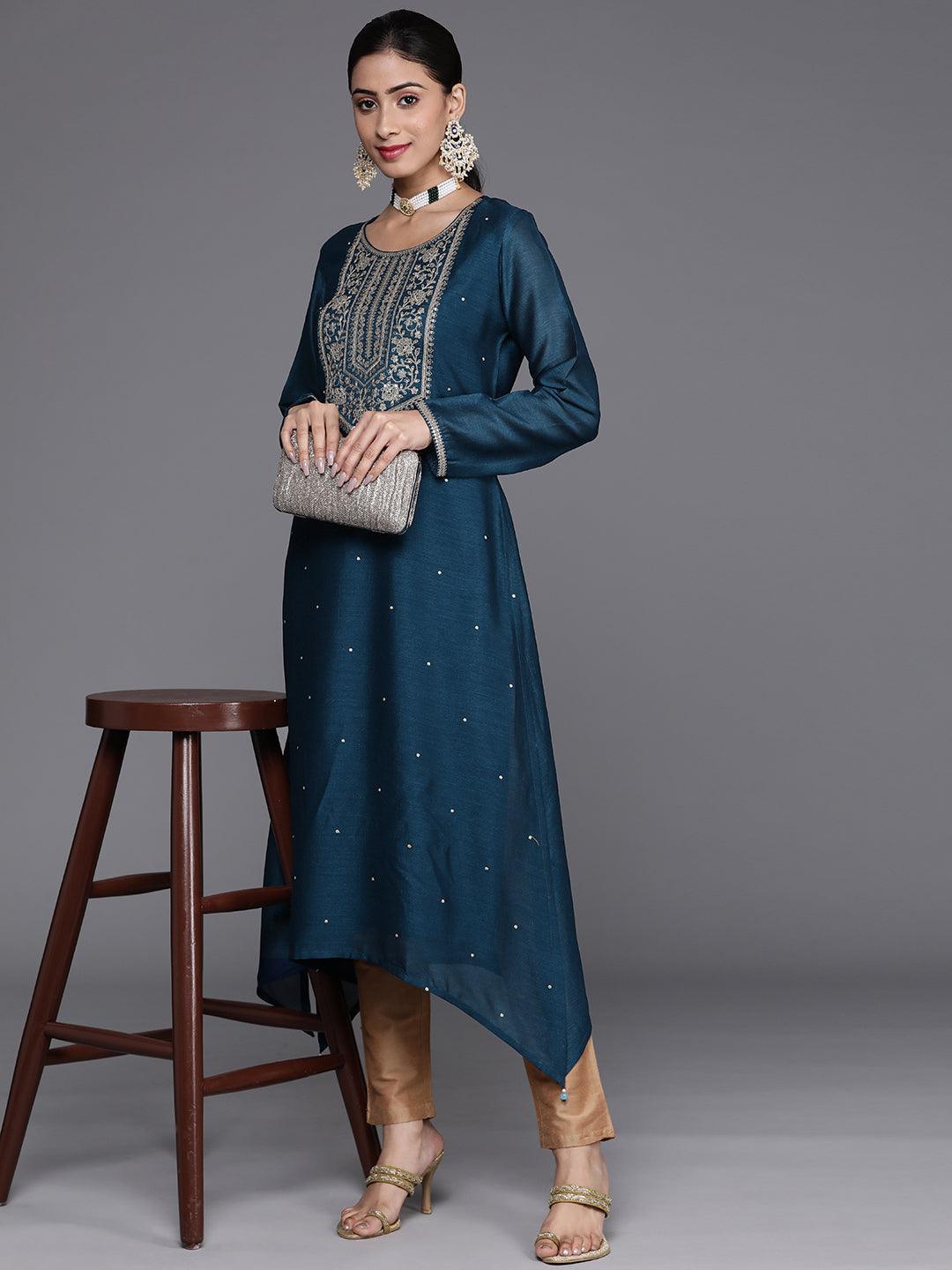 Teal Blue Yoke Design Silk Kurta - ShopLibas