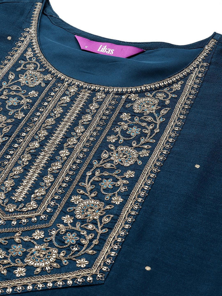 Teal Blue Yoke Design Silk Kurta - ShopLibas