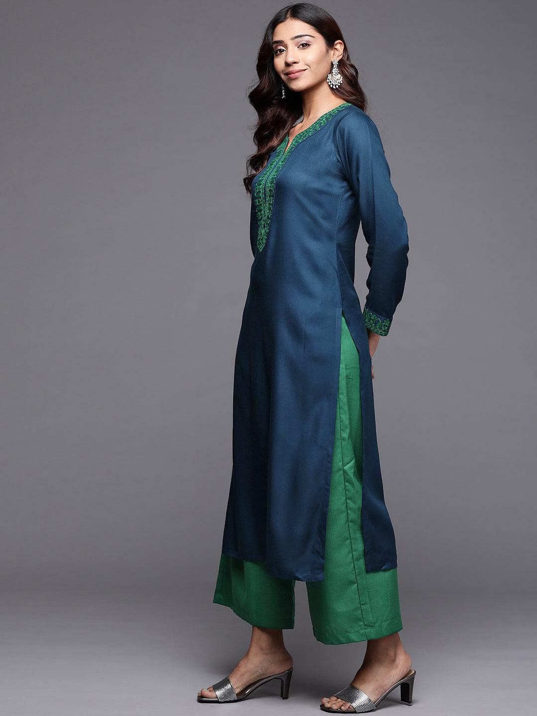 Teal Embroidered Pashmina Wool Straight Kurta - Libas 