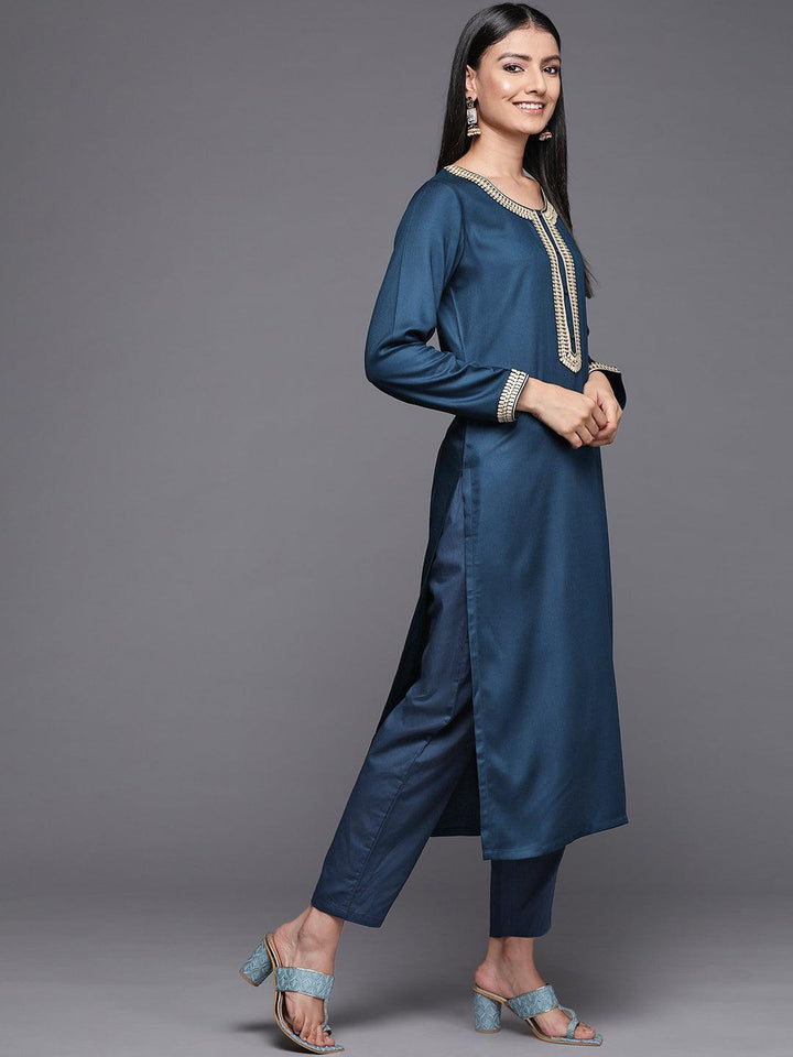 Teal Embroidered Pashmina Wool Straight Kurta