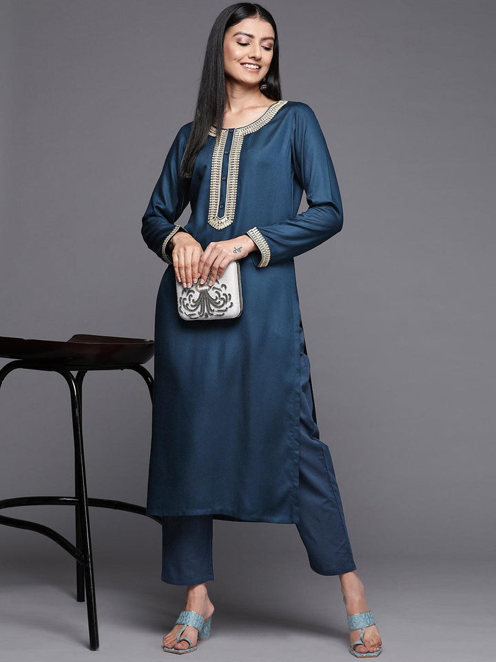 Teal Embroidered Pashmina Wool Straight Kurta