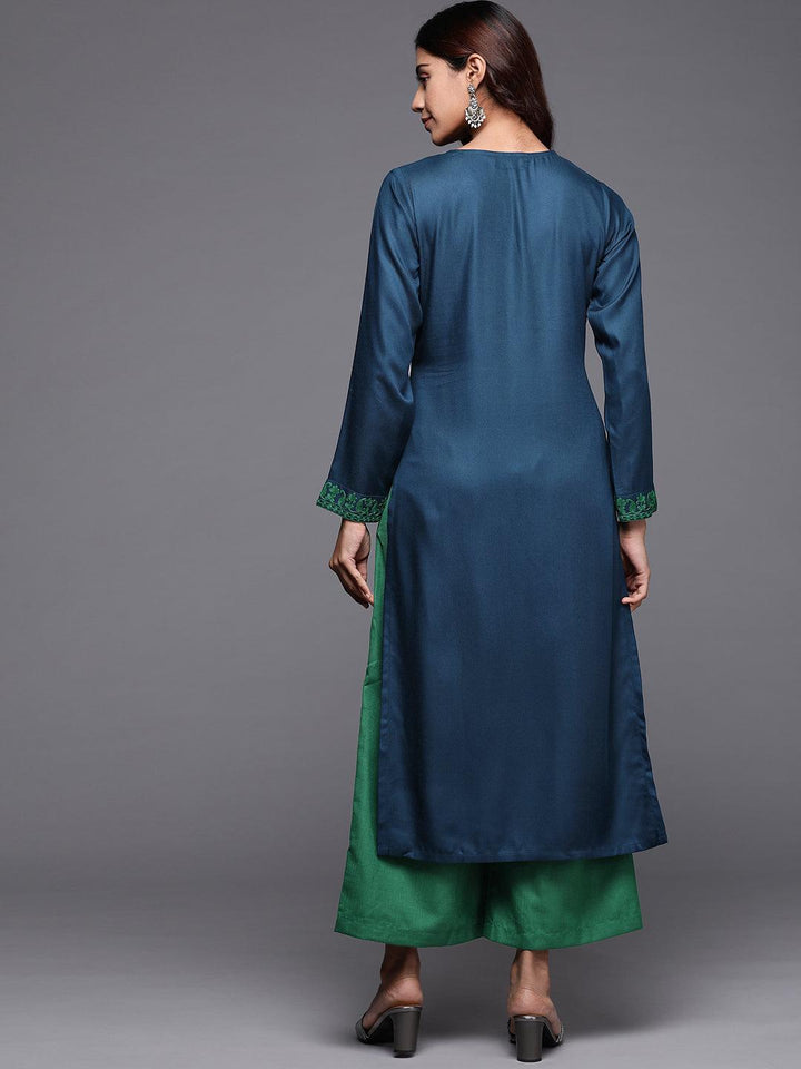 Teal Embroidered Pashmina Wool Straight Kurta