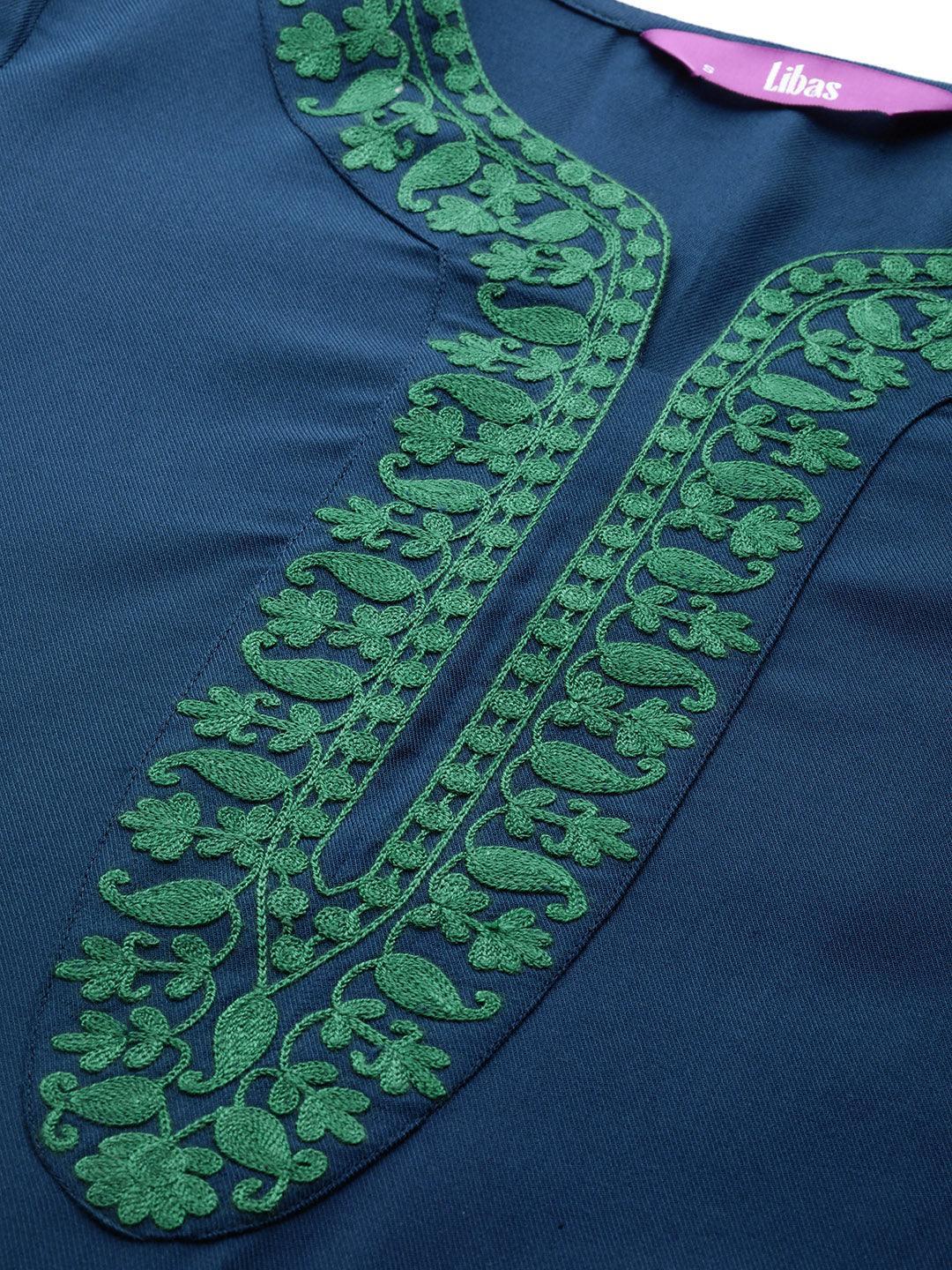 Teal Embroidered Pashmina Wool Straight Kurta - Libas 