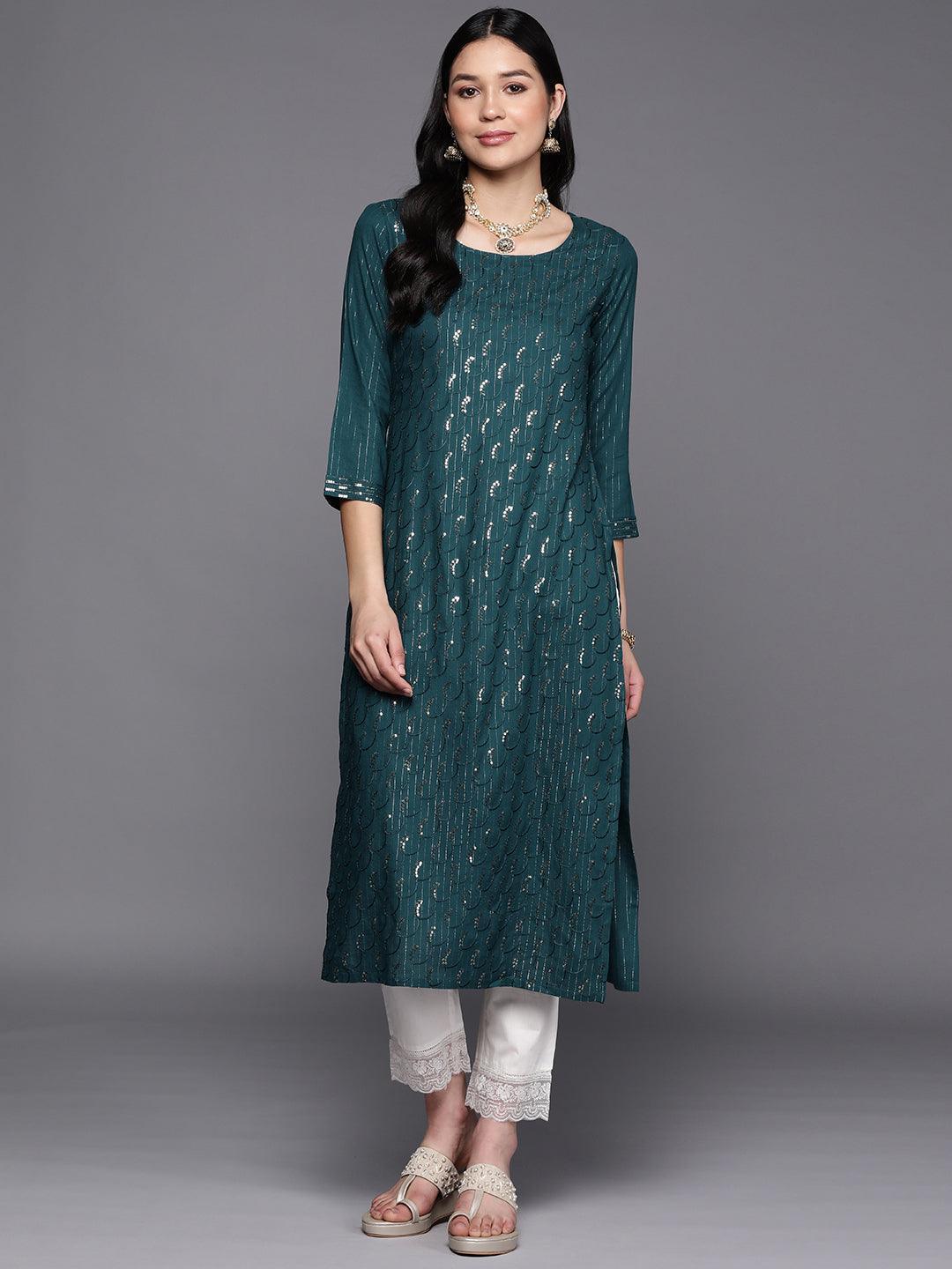 Teal Embroidered Rayon Straight Kurta - ShopLibas