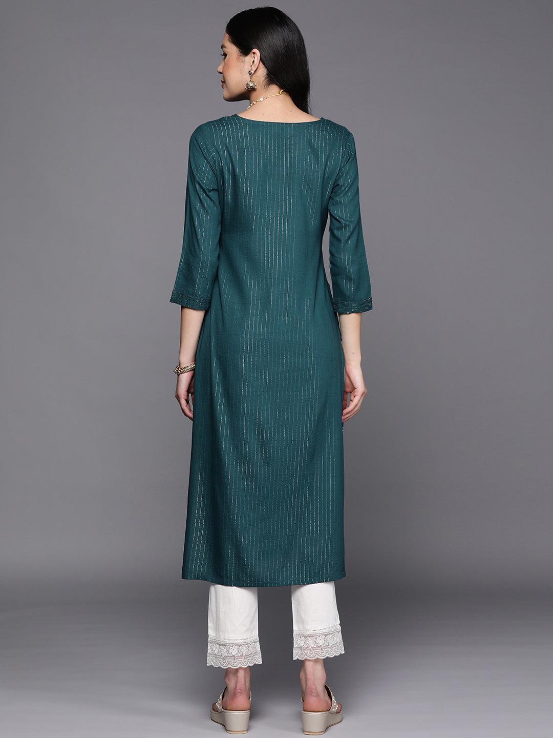 Teal Embroidered Rayon Straight Kurta - ShopLibas 
