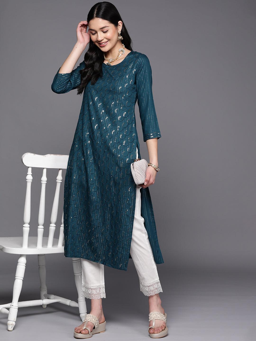 Teal Embroidered Rayon Straight Kurta - ShopLibas 