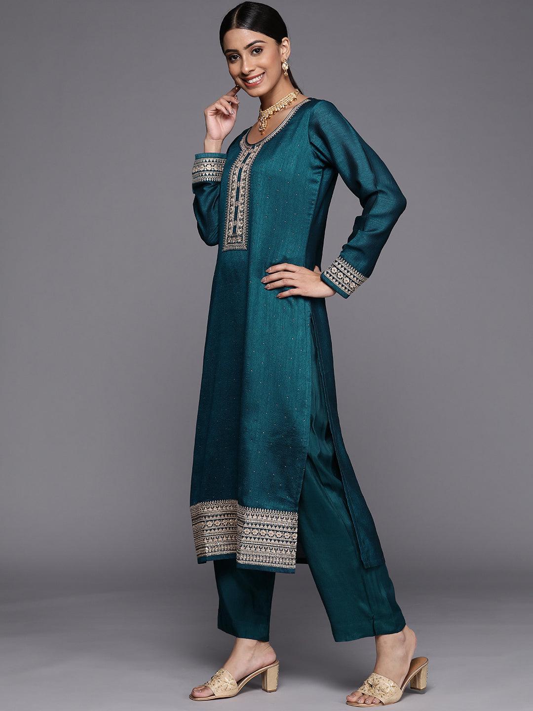 Teal Embroidered Silk Blend Straight Suit Set - ShopLibas 