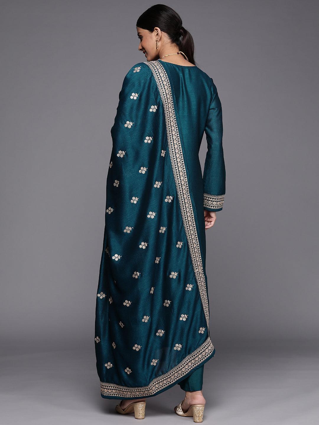 Teal Embroidered Silk Blend Straight Suit Set - ShopLibas 