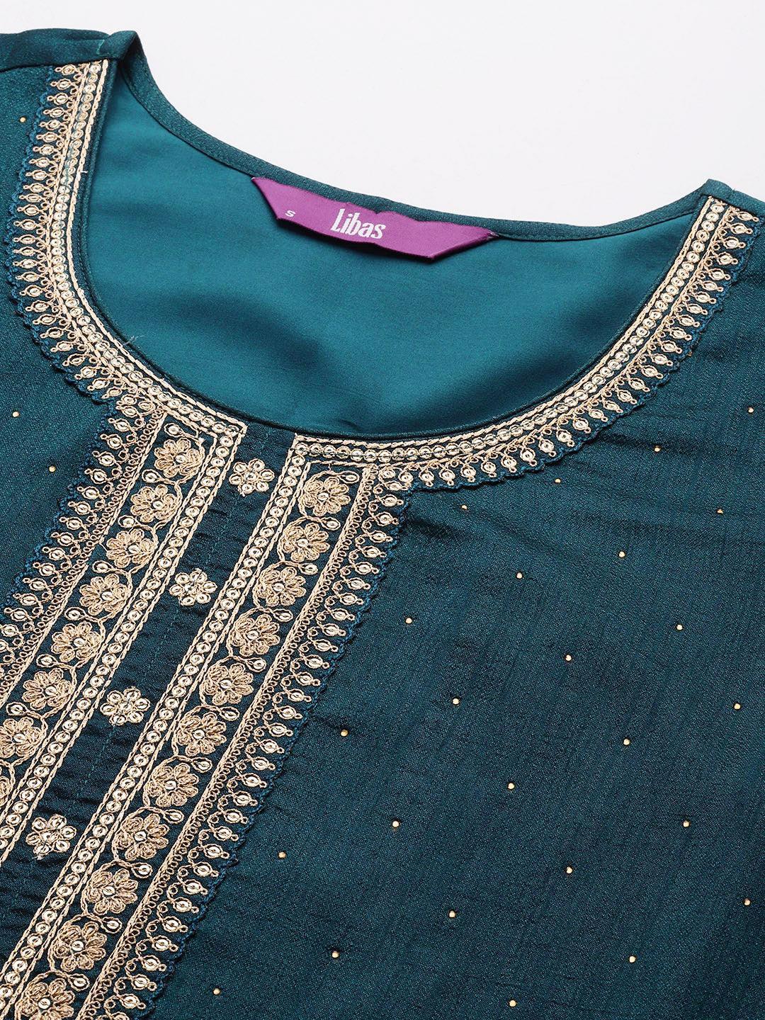 Teal Embroidered Silk Blend Straight Suit Set - ShopLibas 