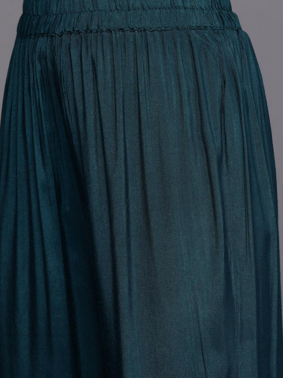 Teal Embroidered Silk Blend Straight Suit Set - ShopLibas 