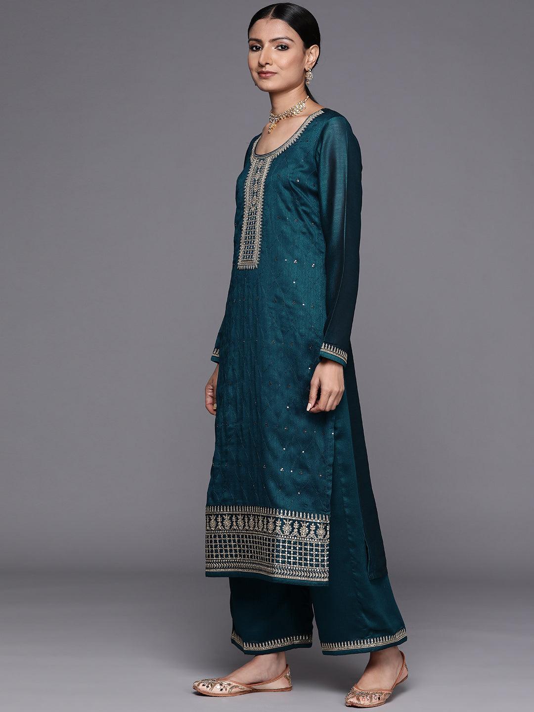Teal Embroidered Silk Blend Straight Suit Set - ShopLibas 