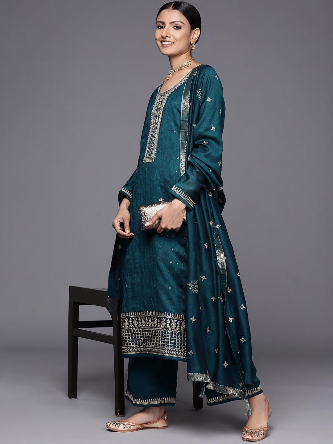 Teal Embroidered Silk Blend Straight Suit Set - ShopLibas 
