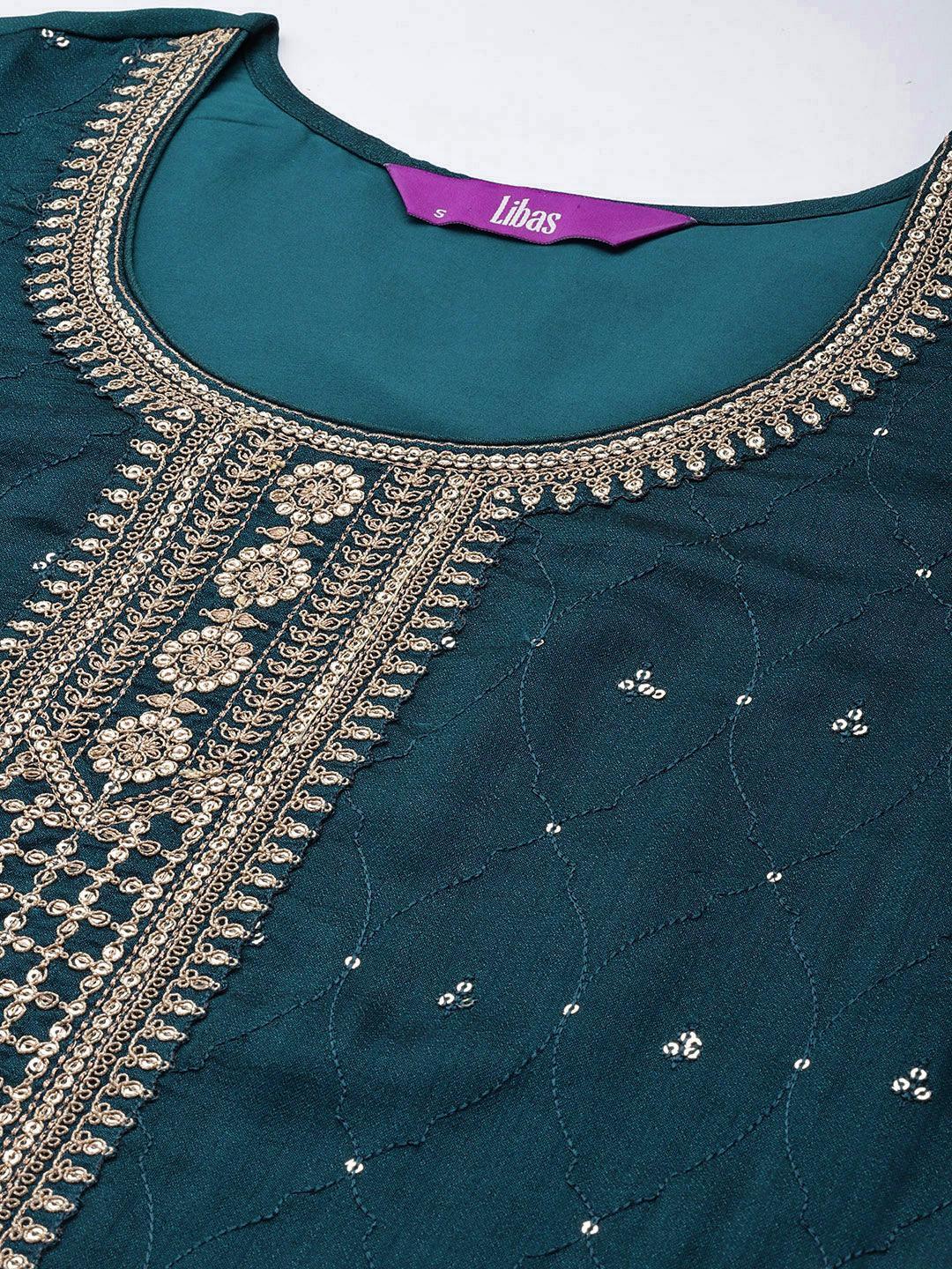 Teal Embroidered Silk Blend Straight Suit Set - ShopLibas 
