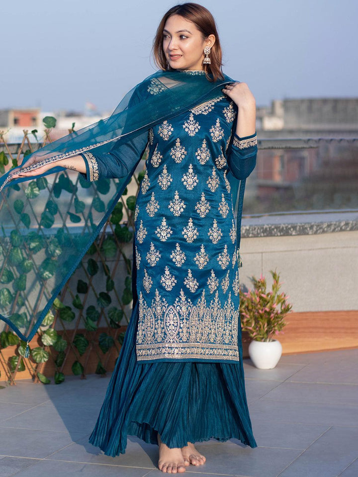 Teal Embroidered Silk Blend Straight Suit Set - ShopLibas